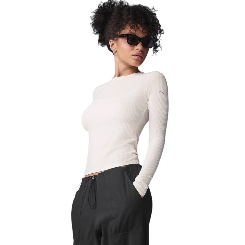 Alo Yoga Ribbed Sea Coast Long Sleeve Ivory Cream Size Small